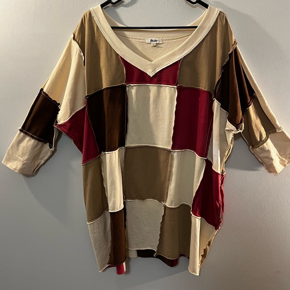 Blue velvet Patchwork V-Neck Women Top - Red, Brown, Cream women’s size Small